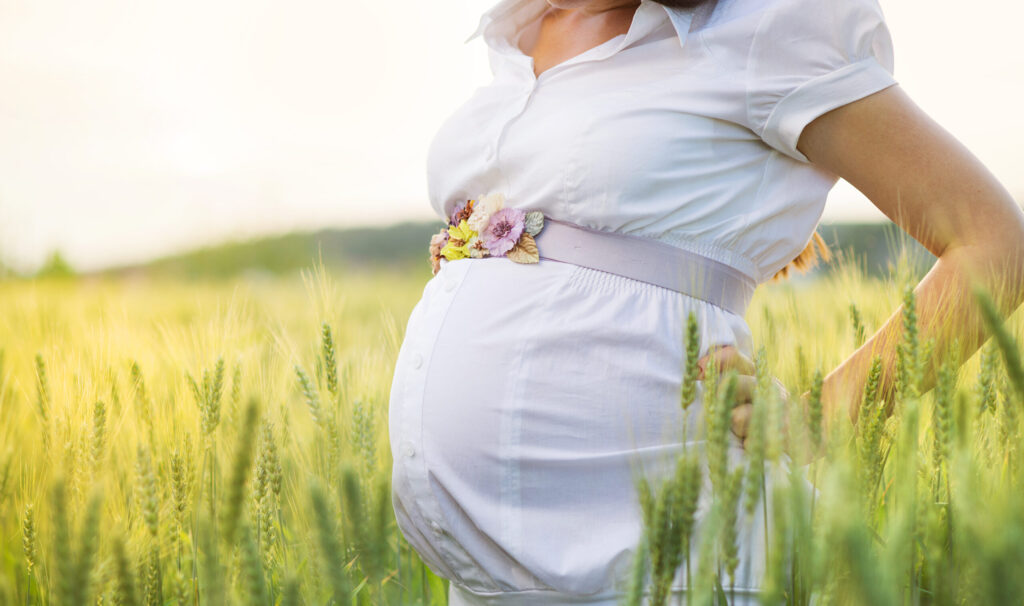 Outdoor portrait of unrecognizable young pregnant woman in the field